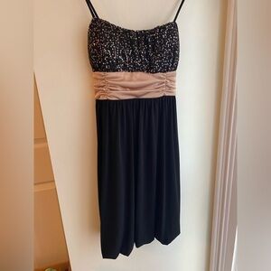 Black Sequin Babydoll Dress Formal Mini Size Medium 2000s Y2K Tie Waist Satin